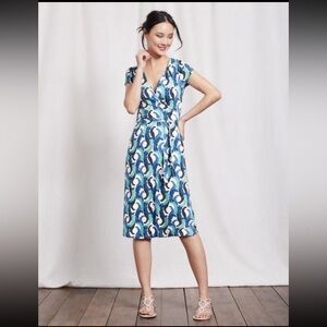 🩷Boden Summer Wrap Dress Geometric Paisley Blue Size 6R Cap Sleeve Jersey V-neck